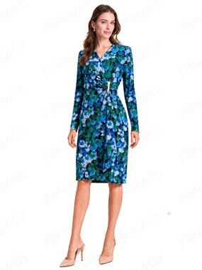 DKNY Blue Green Floral Faux Wrap Sheath Dress Size 6 NWT Gold Hardware